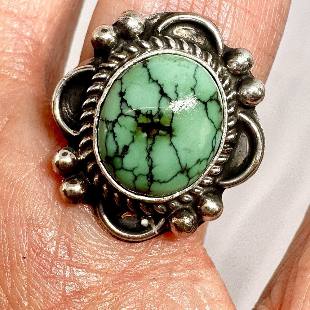 Navajo Turquoise Flower Ring Sz 7 Signed Priscilla Smith Native Amer Sterling - Picture 2 of 9